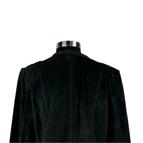 METRO STYLE Y2K SUEDE BLACK LEATHER BRAIDED COLLARLESS MOTO BIKER JACKET - Picture 10 of 15
